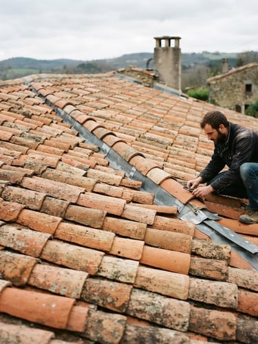 Professional roofer repairing orange terracotta clay tiles on a rustic stone house roof.