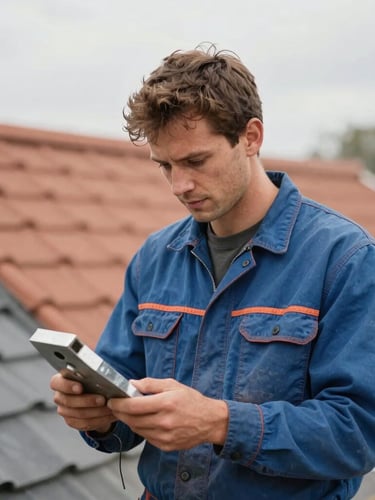 Authentic, unposed portrait of Jordan Lafleur, a roofing artisan, wearing workwear, holding zinc-working tools with a focused expression, natural overcast daylight, shallow depth of field, terracotta and slate blue tones.
