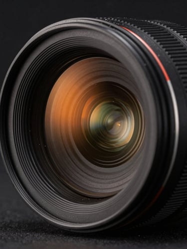 Macro close-up of a high-end camera lens, dramatic studio lighting with sharp orange reflections, dark background