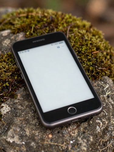 A close-up macro shot of an Android phone resting on a mossy rock in soft, overcast outdoor daylight, displaying a clean, high-contrast e-ink interface