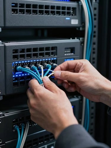 Sleek technical photography of a systems engineer in a cool-toned server room in Utah, analyzing clean blue-lit cable management, macro focus, 35mm