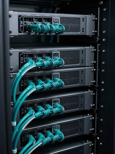 Sleek technical photography of server racks with clean cable management, cool low-key lighting, deep carbon gray and sharp teal accents, crisp macro focus, 35mm