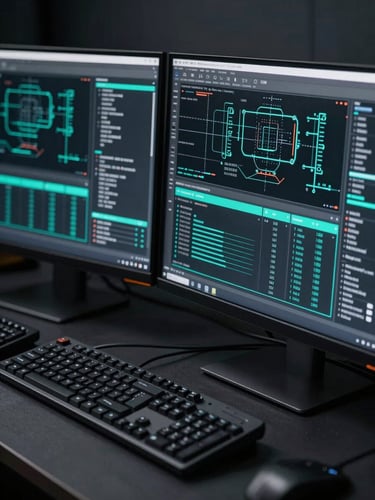Sleek technical photography of dual monitors displaying crisp technical schematics and system diagnostics, cool low-key lighting with sharp teal highlights, 35mm