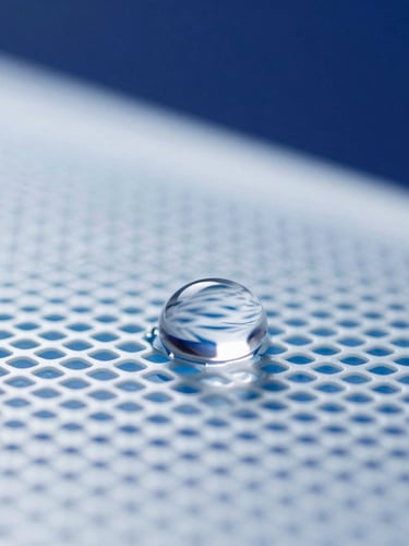 Stark macro close-up of a single water droplet suspended in mid-air above a micro-mesh, clinical blue highlights, ultra-sharp detail, high-key studio lighting