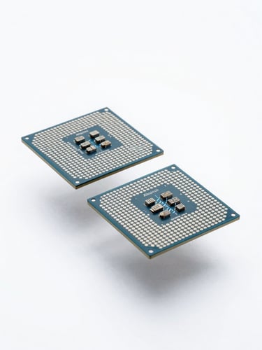 Exploded-view technical schematic of the Alkavion Pro titanium core processor, high-key clinical studio lighting, deep blue and white highlights, ultra-sharp macro detail