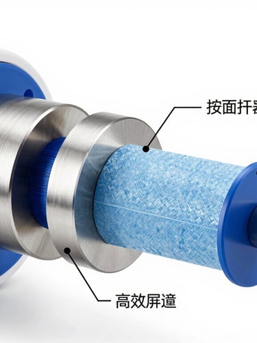 Exploded-view technical schematic of a water ionizer core, showing titanium plates, platinum layers, and intelligent membranes floating apart with technical callouts, high-key clinical white and blue lighting