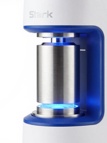 Stark high-key studio shot of a premium water ionizer's internal titanium core, glowing blue accents, clinical white background