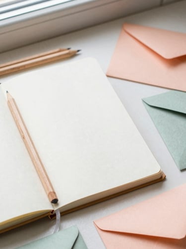 Overhead flatlay of a beautifully arranged desk, open linen notebook, raw cedar pencils, textured envelopes in pastel peach and sage tones, soft morning window light, warm editorial photography, 35mm