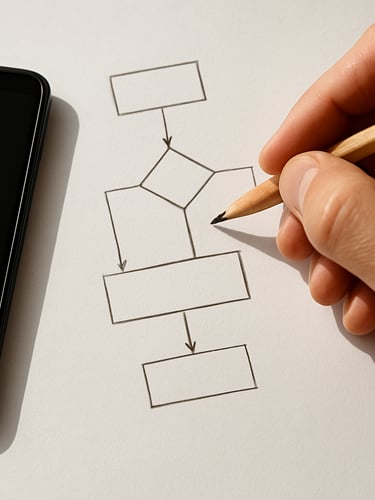 Close-up overhead shot of a hand sketching interaction flow diagrams on plain white paper beside an Android phone, bright even daylight from the left, fingertip resting on a drawn arrow, no text visible
