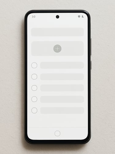 Overhead shot of an Android phone lying flat, screen showing a clean task-management app interface with clear typography and minimal controls, bright even daylight, no reflection