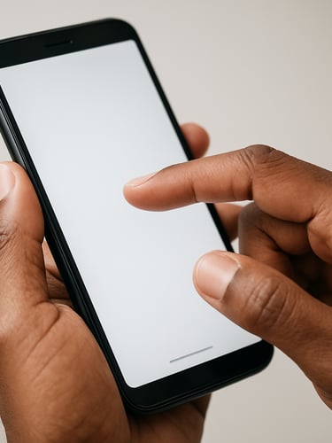 Close-up of two hands holding an Android phone, one thumb mid-swipe on a clean minimal app interface, bright studio light, screen clearly readable, shallow depth of field on the thumb