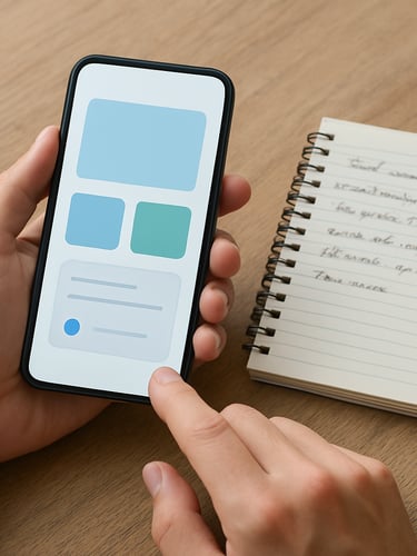 Overhead shot of a person's hands holding an Android phone at a desk, the screen showing a finished app interface, bright even daylight, a notepad with handwritten observations beside the phone, no faces visible