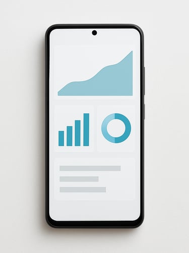 Overhead shot of an Android phone displaying a dashboard with clear data hierarchy and minimal chrome, clean white background, even daylight from above, no glare on the screen