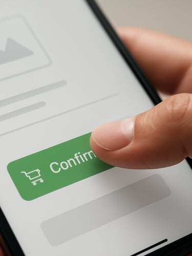 Close-up of a thumb tapping a confirmation button on an Android ordering app, clean card layout visible on screen, bright studio light, fingers in sharp focus against the glass surface
