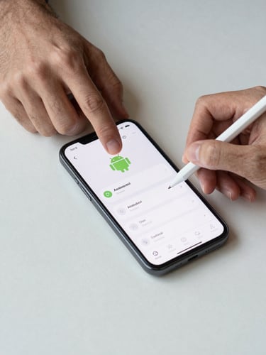 Close-up overhead shot of two hands — one pointing at an Android screen, one holding a stylus — reviewing a minimalist app interface on a phone laid flat on a pale desk, bright even studio light revealing the screen detail without glare