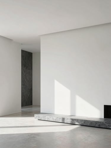 Bright architectural photography of a modern renovated living room with clean plaster walls, natural daylight, minimalist aesthetic, slate gray accents, 35mm lens.