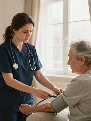 A professional female nurse in a clean navy uniform gently checking the blood pressure of an elderly patient in a warm, sunlit Cairo living room, medium shot, soft natural window light, clinical trust