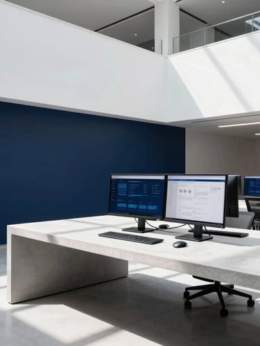 Wide-angle crisp environmental shot of a modern architectural workspace with sharp high-key natural light and deep navy shadows, clean concrete desk visible with active data dashboards on a monitor, 35mm lens.