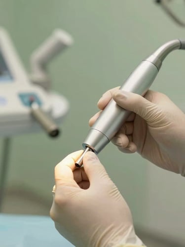 Close-up of a dentist in sterile gloves adjusting a high-tech dental laser in a pristine, modern operatory, soft green and warm gold ambient lighting