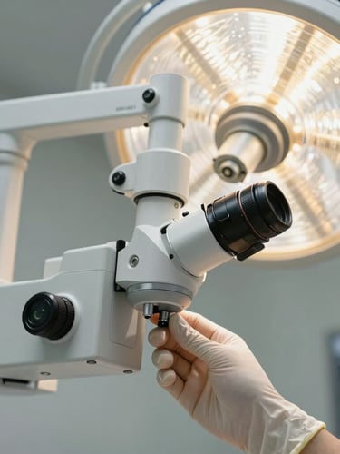 Macro shot of a dentist in sterile gloves adjusting a high-end operating microscope under focused task lighting, clinical white and warm gold details