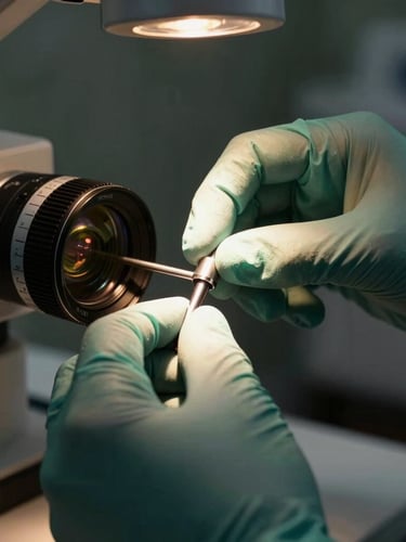 Macro close-up of a senior clinician's hands in sterile dark green gloves adjusting a calibrated medical instrument under focused, warm task lighting, dark background.