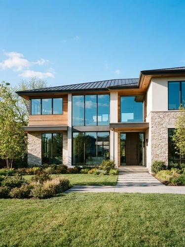 Crisp architectural photography of a modern luxury home with sparkling clean windows reflecting bright morning sunlight and blue sky, 35mm