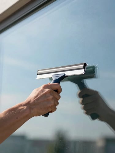 Close-up of a professional technician's hands using a squeegee on pristine glass, bright morning light catching the clean edge, reflection of blue sky.