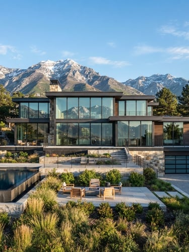 Crisp architectural photography of a modern Holladay home with floor-to-ceiling glass windows reflecting bright morning sunlight and the Wasatch Range.