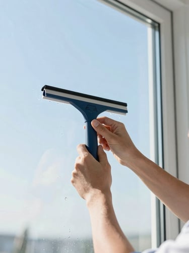 Close-up of a professional technician's hands using a squeegee on a pristine, large window pane, bright morning light catching the water droplets on the glass edge, sharp focus