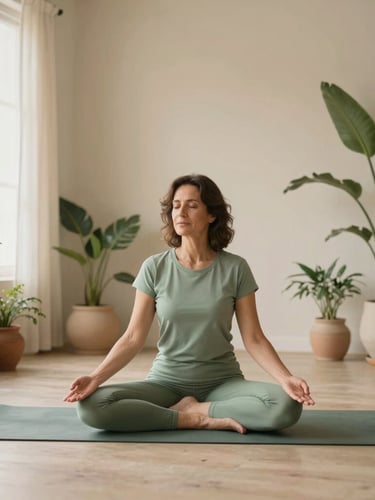 Flávia, uma mulher de 40 anos, sentada em uma pose de meditação suave em um tapete de yoga, em um estúdio minimalista com paredes de tom bege, luz natural suave vindo de uma grande janela, plantas verdes em vasos de cerâmica, 35mm, warm editorial photography, soft morning window light, sage green and earthy beige tones, shallow depth of field.