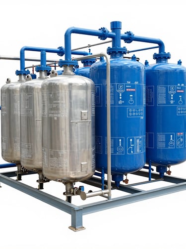 Detailed technical blueprint of an industrial high-production reverse osmosis system, showing pipes, vessels, and control points, crisp lines, blue and white tones, engineering diagram style, landscape aspect.