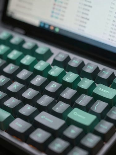 Macro shot of a high-end mechanical keyboard and a screen displaying encrypted bank-to-bank transaction logs, cool slate and emerald tones