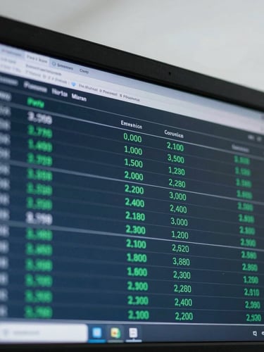 Macro shot of a high-end financial terminal screen displaying transaction ledgers, cool overcast daylight, deep slate tones, professional financial aesthetic