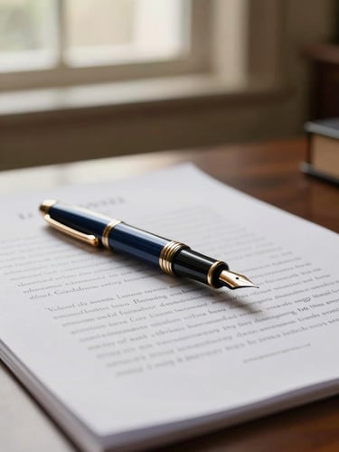 Close-up of elegant fountain pen resting on signed legal documents, warm side-lit window light, professional law office setting, shallow depth of field