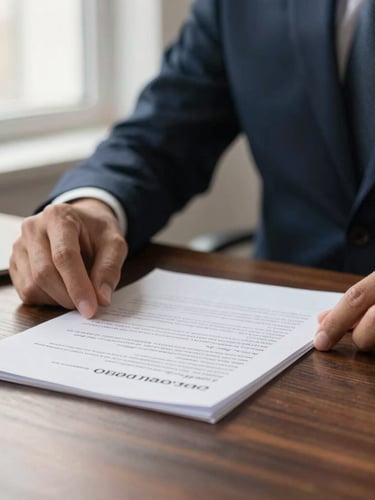 Close-up of hands reviewing legal documents on a dark wooden desk, soft side-lit window light, warm bronze highlights, shallow depth of field, editorial corporate photography