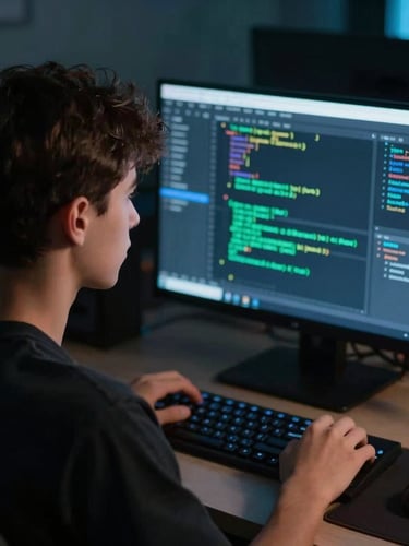 Dynamic over-the-shoulder shot of a teen developer focused on a dark code editor, cool green and blue screen glow, shallow depth of field, 35mm