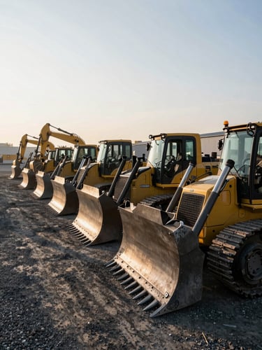 Pristine fleet yard at sunrise, heavy bulldozers and excavators lined up neatly, high-contrast morning daylight casting long shadows on gravel.
