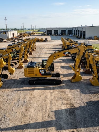 Wide environmental shot of a pristine fleet yard with heavy excavators in high-contrast morning daylight, sharp industrial photography, metallic textures.