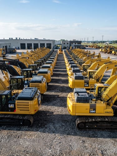 Pristine industrial fleet yard with heavy excavators and crawlers lined up under high-contrast morning daylight, sharp metallic textures, wide-angle lens