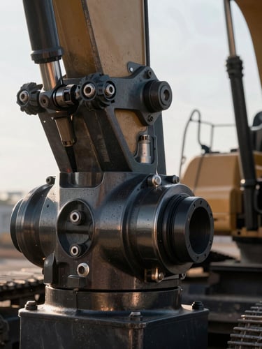 Close-up macro shot of a heavy excavator hydraulic joint, pristine metallic textures, high-contrast morning sun highlighting dust particles, sharp industrial photography