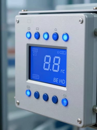 Close-up of a digital controller on a commercial refrigerator, crisp blue indicator lights, metallic silver panel, sharp focus, 35mm industrial photography