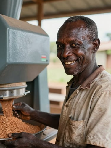 Close-up portrait of a Rwandan cooperative farmer smiling next to a modern grain processing machine, warm natural daylight.