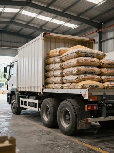 Heavy-duty logistics truck being loaded with clean, branded sacks of grain inside a bright, clean, modern Rwandan warehouse facility.