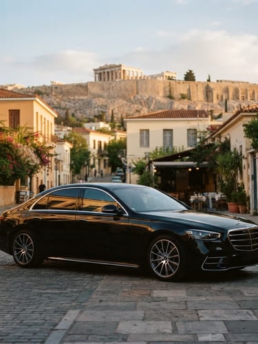 A pristine black Mercedes-Benz S-Class parked on a quiet, sun-drenched Athenian street near the Acropolis at golden hour, low-angle cinematic profile, warm side-lighting.