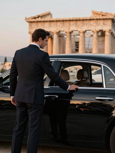 A sharply dressed chauffeur in a dark tailored suit opening the door of a polished black luxury sedan, warm twilight lighting, soft focus on historic Athens stone in the background.