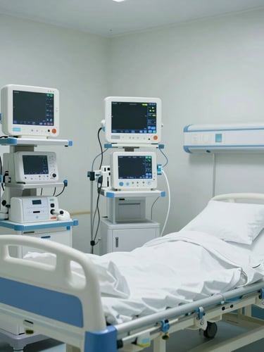 Brightly lit, sterile modern ICU room with advanced life support monitors, clean medical equipment, and a patient bed, neutral-to-cool professional clinical lighting.