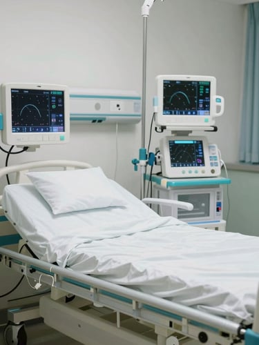 Bright clinical environment showing a modern ICU bed setup with advanced digital monitoring screens, sterile medical equipment, clean teal accents, neutral lighting.