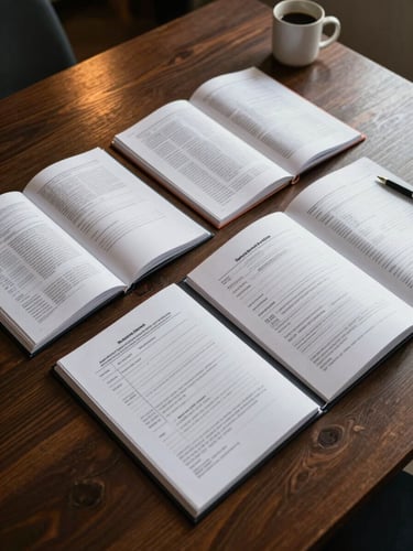 Environmental wide shot of a planning table with three open folders — one labeled with property documents, one with insurance papers, one with tax forms — arranged in a deliberate triangle formation on a dark oak surface, warm overhead ambient light, a coffee mug and pen visible at the edge, organized and purposeful