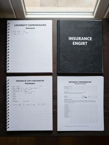Overhead flat-lay composition of a planning table showing a legal notepad with handwritten notes, a printed property deed, an insurance binder, and a tax folder arranged in a structured grid under natural window light