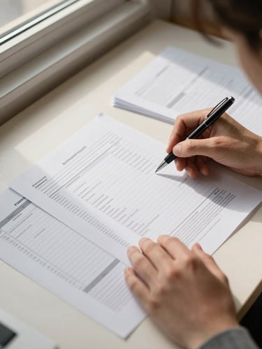Close overhead view of hands reviewing a structured financial planning document on a cream-colored desk, a pen resting on the page, warm window light falling across organized paperwork
